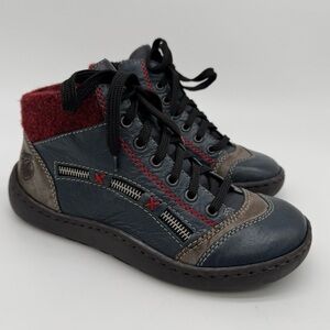 New Rieker Simona 43 Navy Red Lace Up Zip Ankle Boot Size 38/US 7-7.5 NWOB